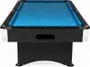 A pool table with a blue felt surface and black and white accents, shown from a front-facing, slightly elevated angle. Produktbild-Vorschau