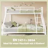 A white metal bunk bed with green bedding and stuffed animals in a child's room. Voir les images du produit