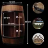 A wooden barrel-shaped bar with dimensions and close-up views of its features. Náhled obrázku produktu