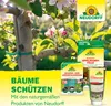 A close-up of a flowering tree branch with several Neudorff product packages displayed on the right side and promotional text at the bottom. Produktbild-Vorschau