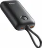 A black power bank with a USB-C cable plugged in. Podgląd zdjęcia produktu