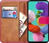 A book-style phone case is open, showing a credit card and euro banknotes in the card slots, and a smartphone displaying a colorful, abstract wallpaper. Produktbild-Vorschau