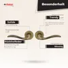 A marketing image showcasing two antique brass door handles with descriptive text highlighting their features. Produktbild-Vorschau