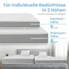 Two mattress toppers of different heights are shown stacked on top of each other, with a diagram indicating their respective heights. Below, two mattress toppers are shown side-by-side on a bed. Produktbild-Vorschau