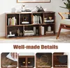 A bookshelf with items on it, and a chair next to it. Below the bookshelf are marketing details about the product. Náhľad obrázku produktu