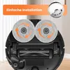 Close-up view of the underside of a robot vacuum cleaner with two rotating mop pads, with an inset image showing a mop pad attachment. Produktbild-Vorschau