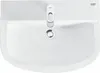 A top-down view of a white ceramic sink with a chrome faucet and drain. Podgląd zdjęcia produktu