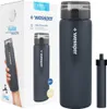 A product shot of a water filter bottle and its packaging, along with a separate filter. Produktbild-Vorschau