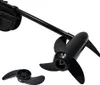 A black electric outboard motor and a spare propeller are shown against a white background. Produktbild-Vorschau