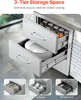 A multi-panel image showcasing a stainless steel outdoor storage drawer unit with three tiers, demonstrating its use for storing seasoning boxes, tableware, and kitchenware. The main image shows two open drawers filled with spices and plates. Produktbild-Vorschau