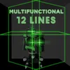 A 3D laser level device with green laser lines projected around it, set against a dark background with text. Náhled obrázku produktu