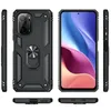 Multiple views of a black phone case with a ring holder, and a smartphone displaying a colorful wallpaper. Produktbild-Vorschau