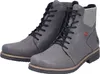 A pair of grey women's boots with black laces and a textured grey and white cuff. Náhled obrázku produktu
