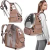 A collage of images showing a cat/dog carrier backpack, including one image of a woman wearing it. Náhľad obrázku produktu