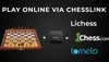 A chess board and a chess link device are shown with logos of online chess platforms. Podgląd zdjęcia produktu