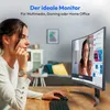 A woman is working on a curved monitor in a home office setting. The monitor displays a video call with another person. Produktbild-Vorschau