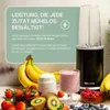 A blender and various fruits are displayed on a table, with marketing text overlayed on a green background. Produktbild-Vorschau