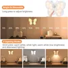 A butterfly-shaped LED night light is shown with various brightness levels and lighting modes. Produktbild-Vorschau