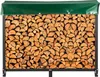 A firewood rack filled with logs, covered by a green tarp. Produktbild-Vorschau