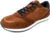 A single brown leather and suede sneaker with blue laces and a white sole, shown from a side angle against a white background. Produktbild-Vorschau