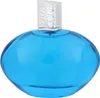 A blue glass perfume bottle with a silver cap, isolated on a white background. Produktbild-Vorschau
