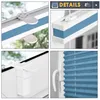 A collage of four images showing details of a blue pleated blind, including mounting hardware and the blind itself. Produktbild-Vorschau
