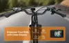 Close-up view of an electric bicycle's handlebars and display screen, with a promotional overlay highlighting features. Produktbild-Vorschau