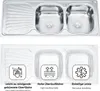 A top-down view of a double sink with a drying rack, followed by a diagram highlighting features of the sink. Anteprima dell’immagine prodotto