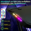 A close-up of a gaming desk with RGB LED lighting and a remote control. Produktbild-Vorschau