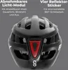 Rear view of a black bicycle helmet with a red light module and text overlays describing features. Náhľad obrázku produktu