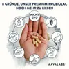A hand holding probiotic capsules, surrounded by circular diagrams highlighting product features. Produktbild-Vorschau