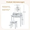 A diagram showing the dimensions and load capacity of a white vanity table and stool set. Voir les images du produit