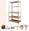 A metal shelving unit with wooden shelves is shown against a white and light orange background, with close-up insets of its components. Produktbild-Vorschau