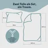 Diagram showing the dimensions of a two-piece bedding set, including a pillow and a duvet cover, along with a detail of a zipper. Produktbild-Vorschau