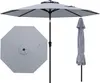 A light gray patio umbrella is shown in three different views: fully open, folded, and a top-down view of the canopy. Produktbild-Vorschau