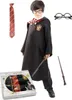 A child dressed as Harry Potter, wearing a costume including a robe, tie, glasses, and holding a wand. Accessories and packaging are also shown. Produktbild-Vorschau