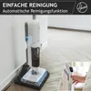 A Hoover vacuum cleaner and floor scrubber is shown in a home setting, with a close-up inset of a hand interacting with the device's controls. Produktbild-Vorschau