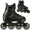 A pair of black and gold inline skates are shown against a white background. One skate is in the foreground, and another is in the background. Voir les images du produit