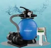 A pool sand filter system with a pump and a water tester, set against a blue, watery background with splashes. Produktbild-Vorschau