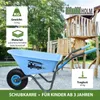 A blue children's wheelbarrow is shown in front of a wooden play structure in a park. Produktbild-Vorschau