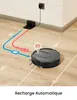 A black robot vacuum cleaner is shown on a wooden floor, returning to its charging dock. Arrows indicate the path. Voir les images du produit