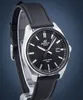 A close-up shot of a black Casio Edifice watch with a black leather strap, displayed on a stand against a blue background. Voir les images du produit