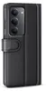 A black leather flip case for a smartphone is shown closed, with the camera module visible on the back. Produktbild-Vorschau