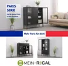 A collage of images showcasing a black metal cabinet with glass doors and drawers, presented in different settings and angles, along with marketing text and a logo. Produktbild-Vorschau