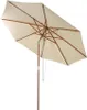A beige patio umbrella with a wooden pole and frame, shown from a low angle against a white background. Produktbild-Vorschau