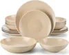 A set of beige ceramic dishes stacked and arranged on a white background. Náhled obrázku produktu