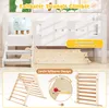 A collage of images showing a white children's bed with a light blue pig-shaped stool, a folded wooden climbing triangle, and an unfolded wooden climbing triangle with a close-up of its folding mechanism. Produktbild-Vorschau