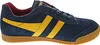 A side view of a blue Gola Harrier sneaker with yellow stripes. Produktbild-Vorschau
