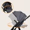 A close-up view of a stroller's canopy and handle, with an inset showing a detail of the safety harness. Produktbild-Vorschau