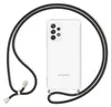 A transparent phone case with a black lanyard is shown against a white background. Produktbild-Vorschau